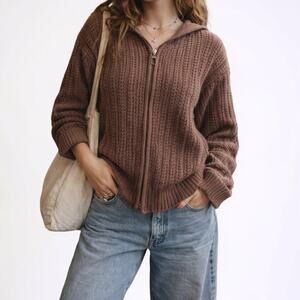 Y2K Relativity Brown Chunky Knit Cotton Zip Hoodie Sweater XL